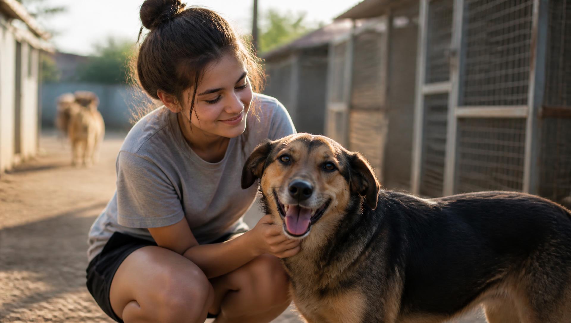 A young volunteer crouching beside a happy shelter dog in a sunlit yard